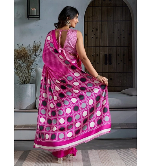 Women's Satin Crepe Printed Saree With Unstitched Blouse 5.5Mtr (Pink)