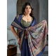 Women's Satin Crepe Printed Saree With Unstitched Blouse 5.5Mtr (Navy Blue)