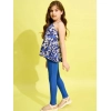 Girl's Polyester Floral One Shoulder Jeggings Set (Blue)