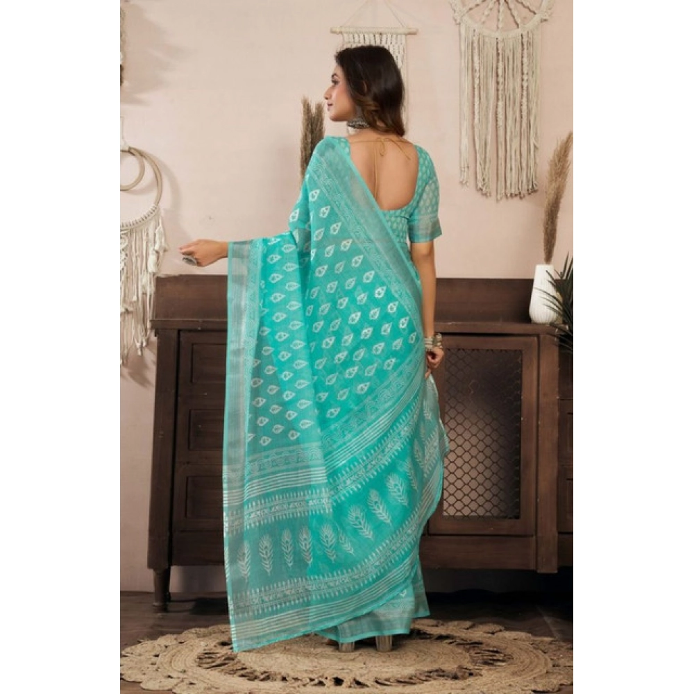 Women's Faux Linen Leaf Print Ready to wear Saree With Unstitched Blouse 5.5Mtr (SeaGreen) Women's Faux Linen Leaf Print Ready to wear Saree With Unstitched Blouse 5.5Mtr (SeaGreen)