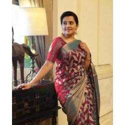 Women's Litchi silk Printed Saree With Unstitched Blouse (Red)