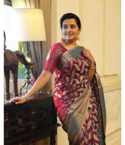 Women's Litchi silk Printed Saree With Unstitched Blouse (Red)