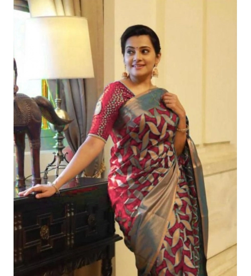 Women's Litchi silk Printed Saree With Unstitched Blouse (Red)