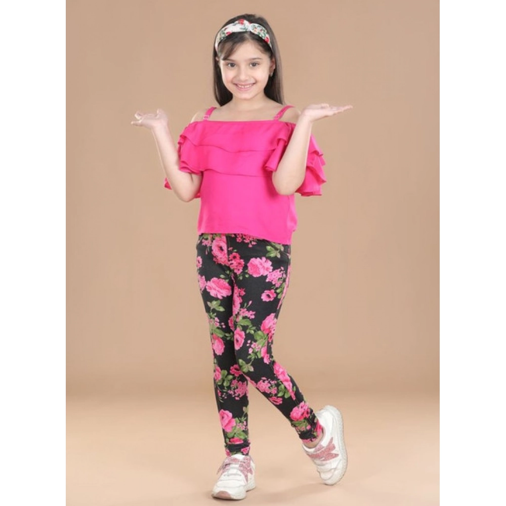 Girl's Cotton Lycra Floral Elasticated Jeggings (Black-Pink) Girl's Cotton Lycra Floral Elasticated Jeggings (Black-Pink)