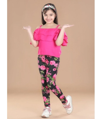 Girl's Cotton Lycra Floral Elasticated Jeggings (Black-Pink)