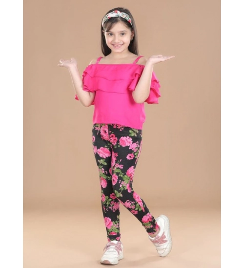 Girl's Cotton Lycra Floral Elasticated Jeggings (Black-Pink)