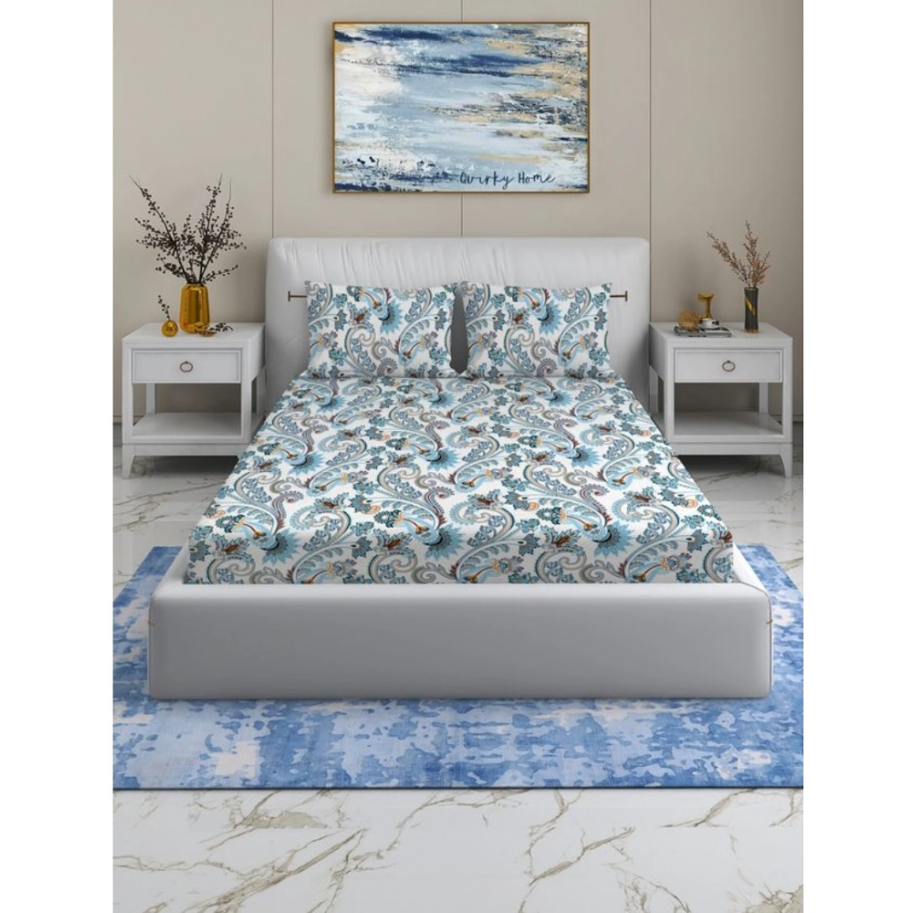 Cotton Blend Floral Printed Double Bedsheet with 2 Pillow Covers (White) Cotton Blend Floral Printed Double Bedsheet with 2 Pillow Covers (White)