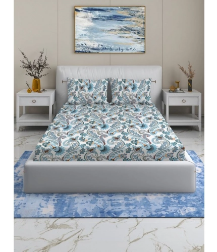 Cotton Blend Floral Printed Double Bedsheet with 2 Pillow Covers (White)