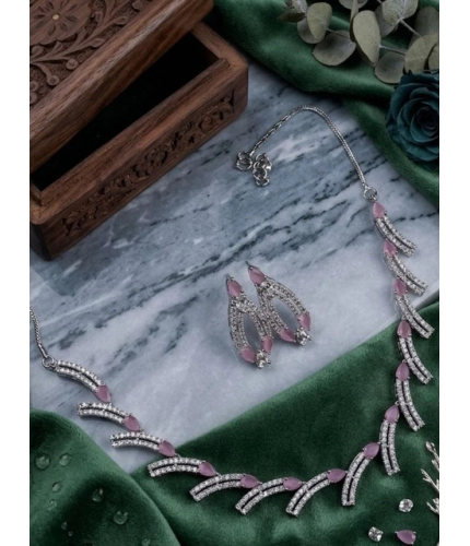 Women's Brass Silver Plated Necklace set (Pink)