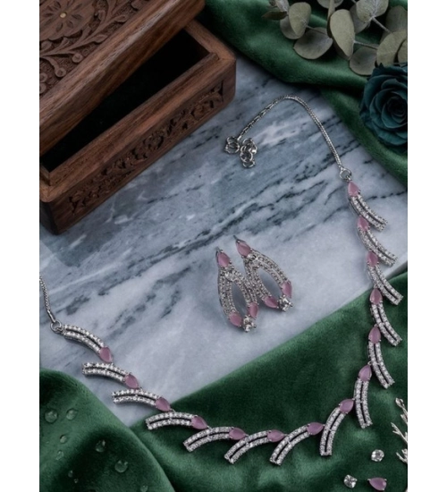 Women's Brass Silver Plated Necklace set (Pink)