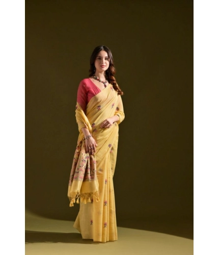 Women's Blended_Cotton Floral Saree With Unstitched Blouse 5.5Mtr (Mustard)