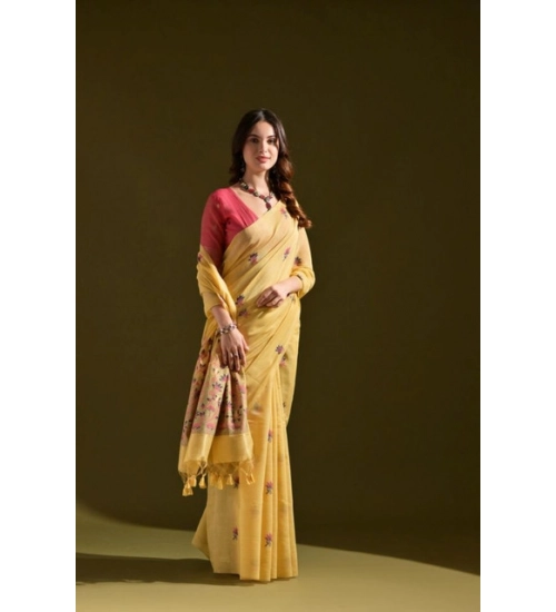 Women's Blended_Cotton Floral Saree With Unstitched Blouse 5.5Mtr (Mustard)