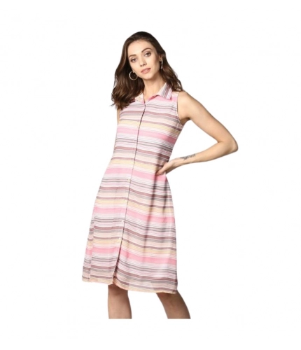Women's Polyester Striped Sleeveless Dress (Pink)