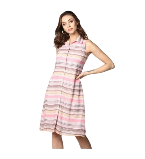 Women's Polyester Striped Sleeveless Dress (Pink)