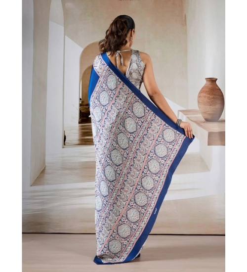 Women's Satin Crepe Printed Saree With Unstitched Blouse 5.5Mtr (Blue)