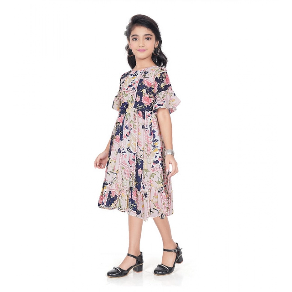 Girl's Shiffon Printed Half Sleeve Round Neck Dress (Peach) Girl's Shiffon Printed Half Sleeve Round Neck Dress (Peach)