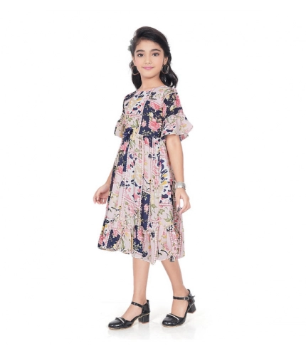 Girl's Shiffon Printed Half Sleeve Round Neck Dress (Peach)