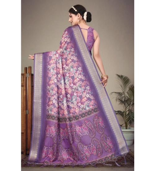 Women's Cotton Silk Printed Saree With Unstitched Blouse 5.5Mtr (Purple) Women's Cotton Silk Printed Saree With Unstitched Blouse 5.5Mtr (Purple)