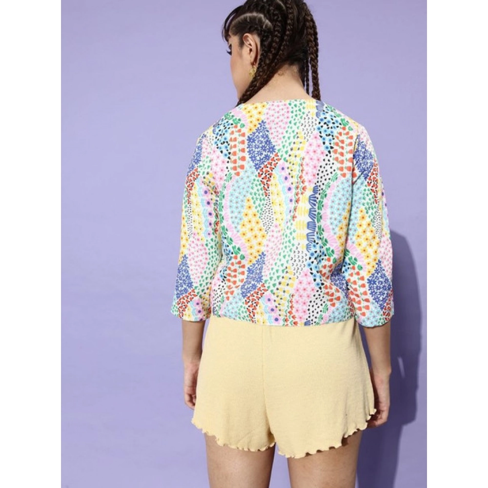 Women's Polyester Floral 3-4th Sleeves Shrug (Multicolor)