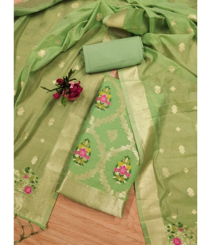 Women's Banarasi Silk Printed Unstitched Salwar Suit Material With Dupatta (Pista, 3Mtrs)