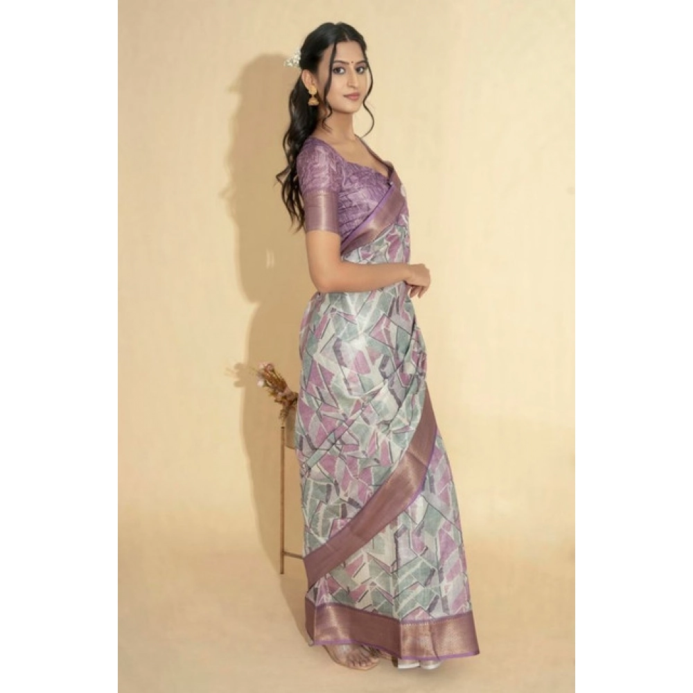 Women's Polyester Printed Saree With Unstitched Blouse 5.5 Mtr (Light Purple)
