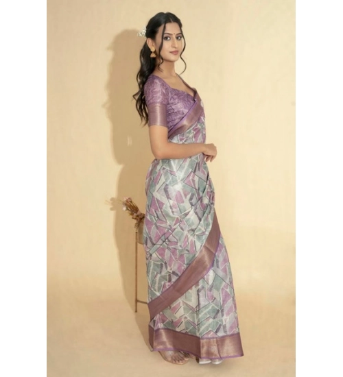 Women's Polyester Printed Saree With Unstitched Blouse 5.5 Mtr (Light Purple)