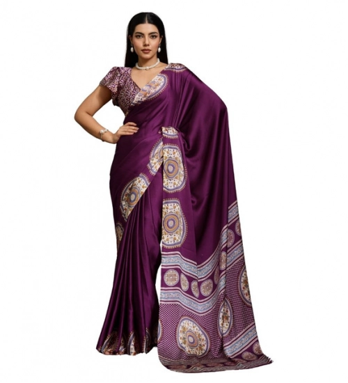 Women's Satin Crepe Printed Saree With Unstitched Blouse 5.5Mtr (Purple)