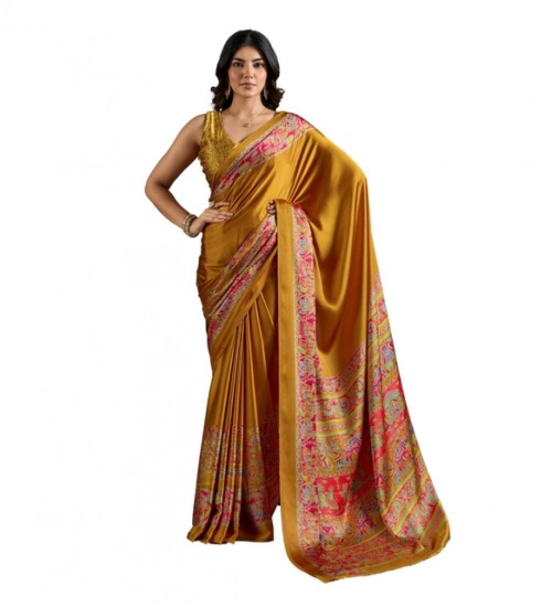 Women's Satin Crepe Printed Saree With Unstitched Blouse 5.5Mtr (Mustard)