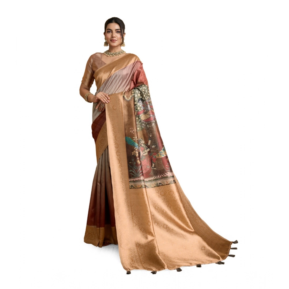 Women's Silk Printed Saree With Unstitched Blouse 5.5Mtr (Brown) Women's Silk Printed Saree With Unstitched Blouse 5.5Mtr (Brown)
