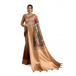 Women's Silk Printed Saree With Unstitched Blouse 5.5Mtr (Brown)