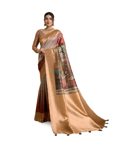 Women's Silk Printed Saree With Unstitched Blouse 5.5Mtr (Brown)