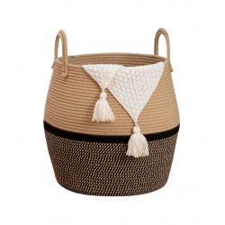 Cotton Matka With Handle 14x12 Inch Storage Basket For Clothes (Beige Black)