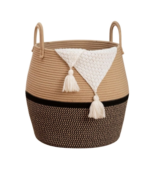 Cotton Matka With Handle 14x12 Inch Storage Basket For Clothes (Beige Black)
