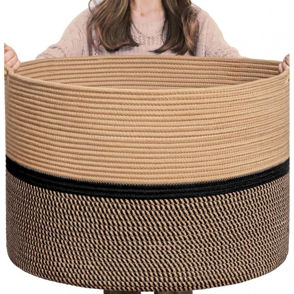Cotton Dori 16x14 Inch Storage Basket For Clothes (Beige-Beige Black)