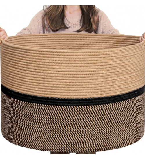 Cotton Dori 16x14 Inch Storage Basket For Clothes (Beige-Beige Black)