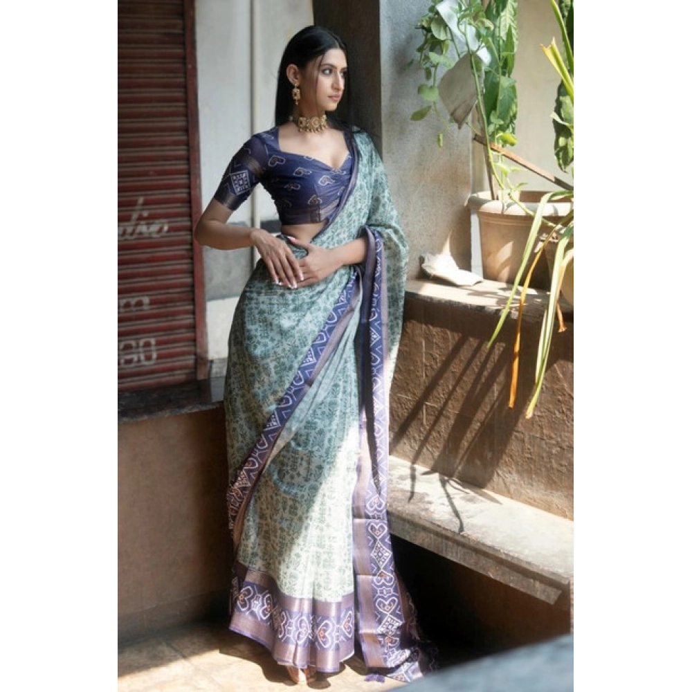 Women's Polyester Printed Saree With Unstitched Blouse 5.5 Mtr (Green)