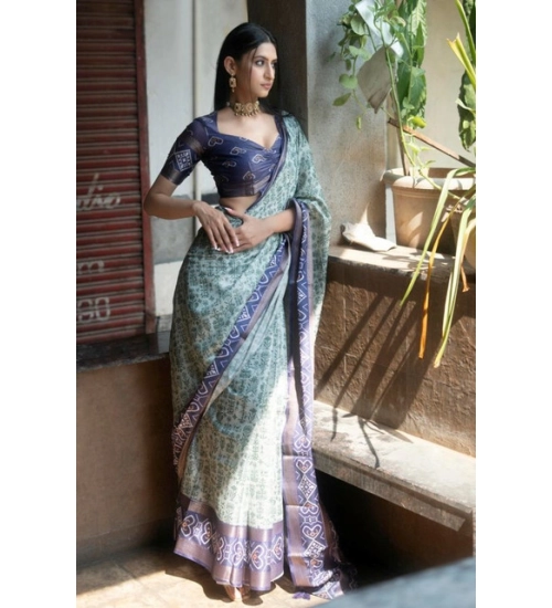 Women's Polyester Printed Saree With Unstitched Blouse 5.5 Mtr (Green)