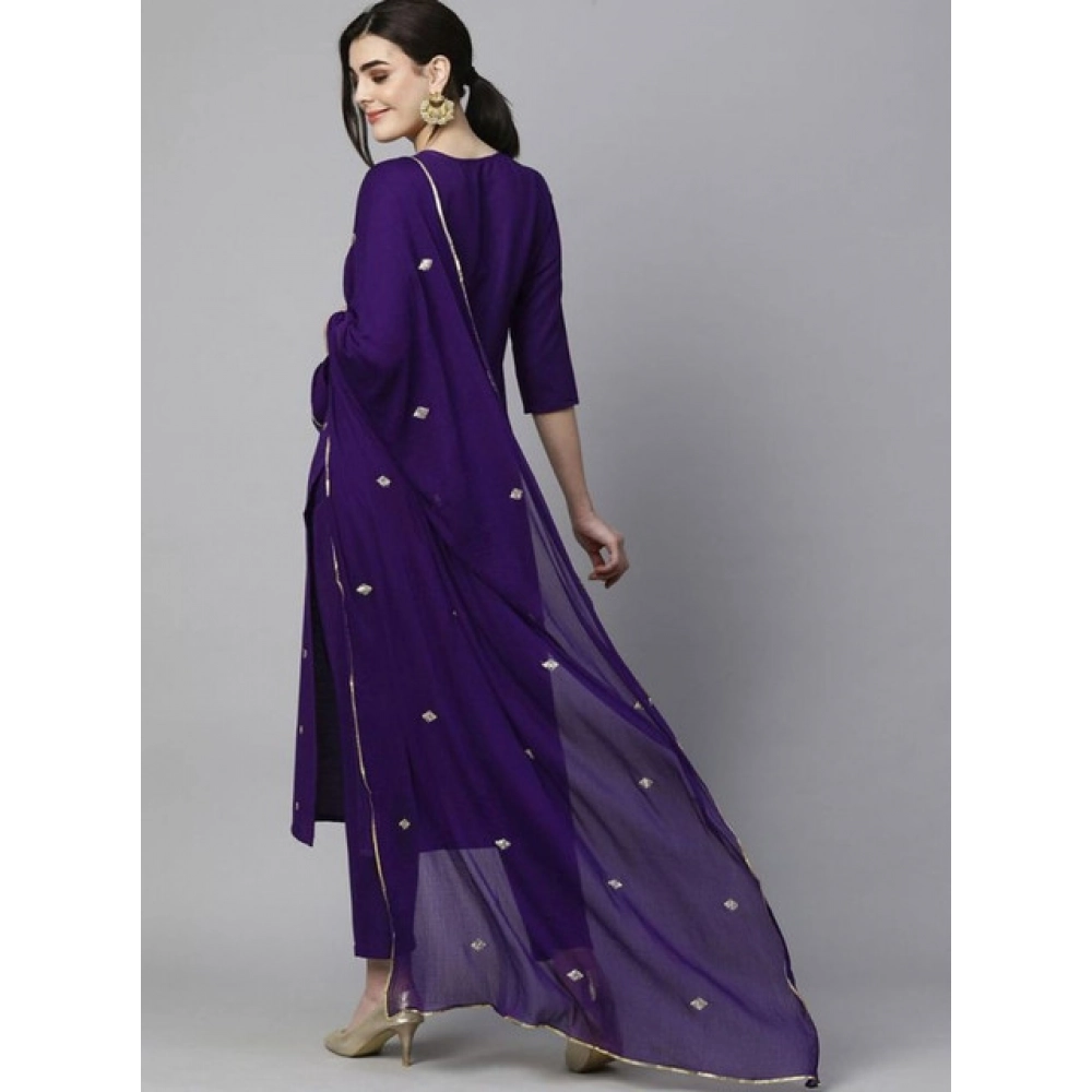 Women's Tesla Silk Embroidered U-Neck Kurti With Pant Dupatta Set (Dark Purple)