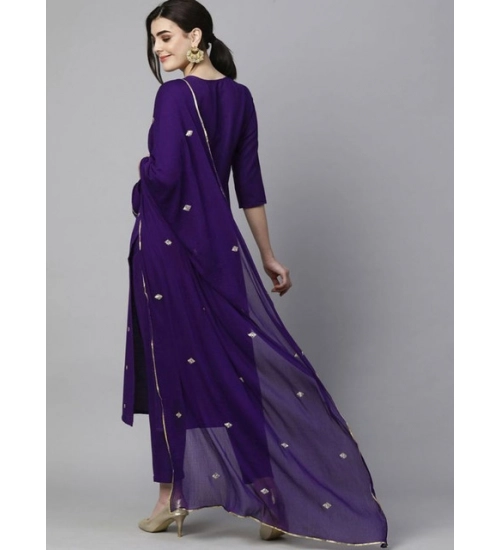 Women's Tesla Silk Embroidered U-Neck Kurti With Pant Dupatta Set (Dark Purple)