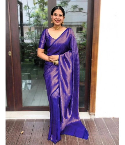 Women's Litchi silk Printed Saree With Unstitched Blouse (Purple)