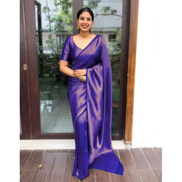 Dropship Women's Litchi silk Printed Saree With Unstitched Blouse (Purple)