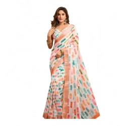Women's Linen Cotton Printed Ready To Wear With Pocket Saree With Unstitched Blouse 5.5 Mtr (Multicolor)