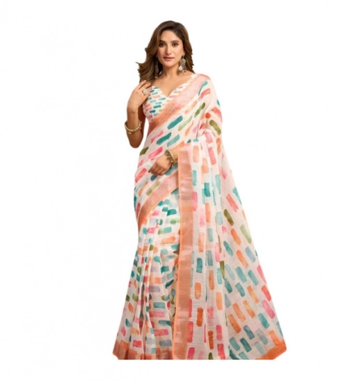 Women's Linen Cotton Printed Ready To Wear With Pocket Saree With Unstitched Blouse 5.5 Mtr (Multicolor)