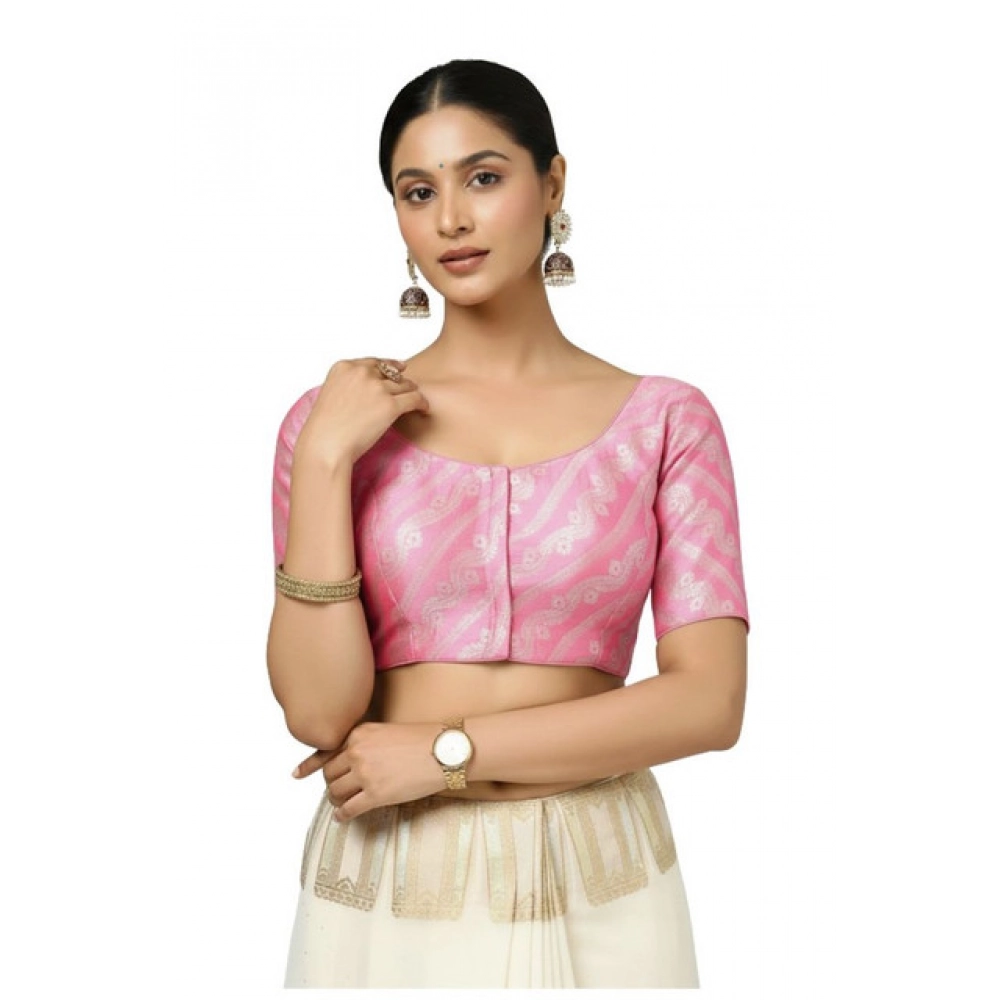 Women's Jacquard Zari Round Neck Padded Blouse (Light Pink 38 Ready (Self Alterable 36–40)