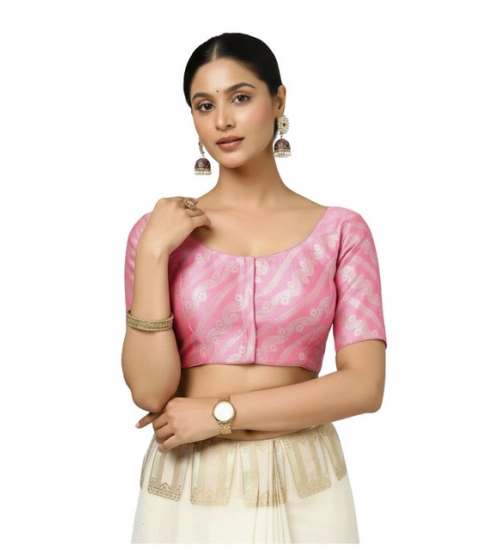 Women's Jacquard Zari Round Neck Padded Blouse (Light Pink 38 Ready (Self Alterable 36–40)
