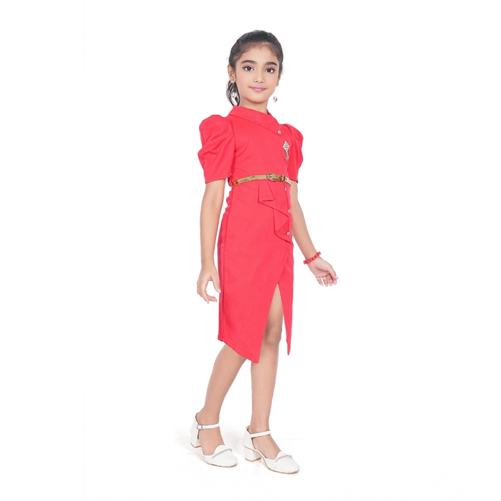 Girl's Cotton Lycra Soild Short Sleeve Close Neck Dress (Pink)