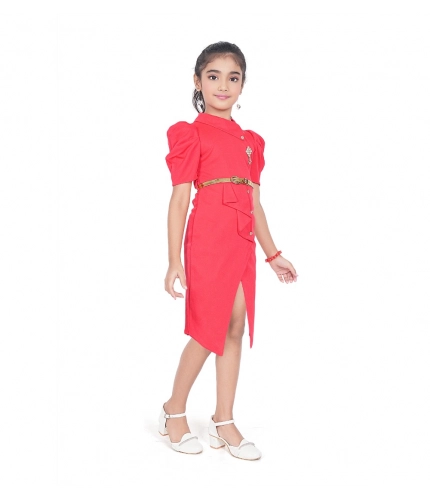 Girl's Cotton Lycra Soild Short Sleeve Close Neck Dress (Pink)