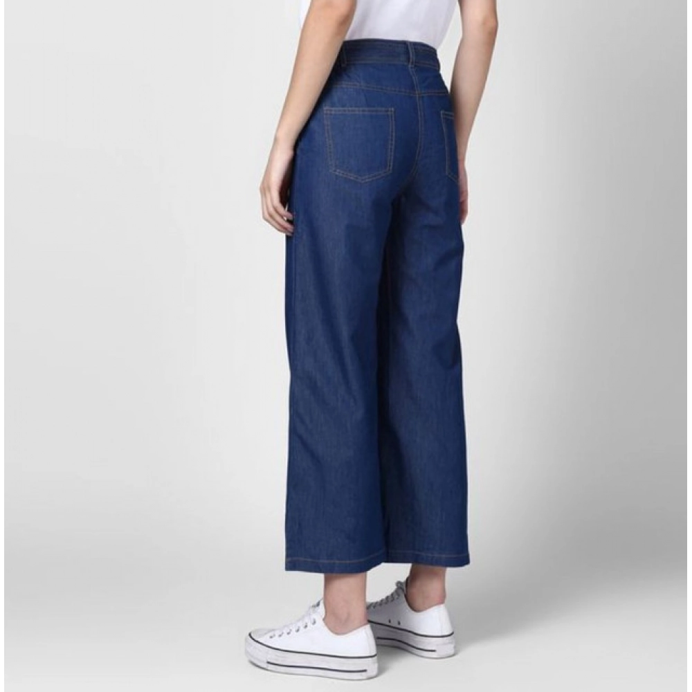 Women's Denim Solid Elasticated Trousers (Blue)