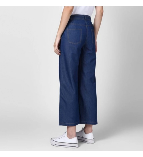 Women's Denim Solid Elasticated Trousers (Blue)