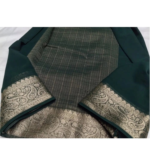 Women's Crepe Chit Pallu Solid Saree With Unstitched Blouse 5.5Mtr (Bottle Green)